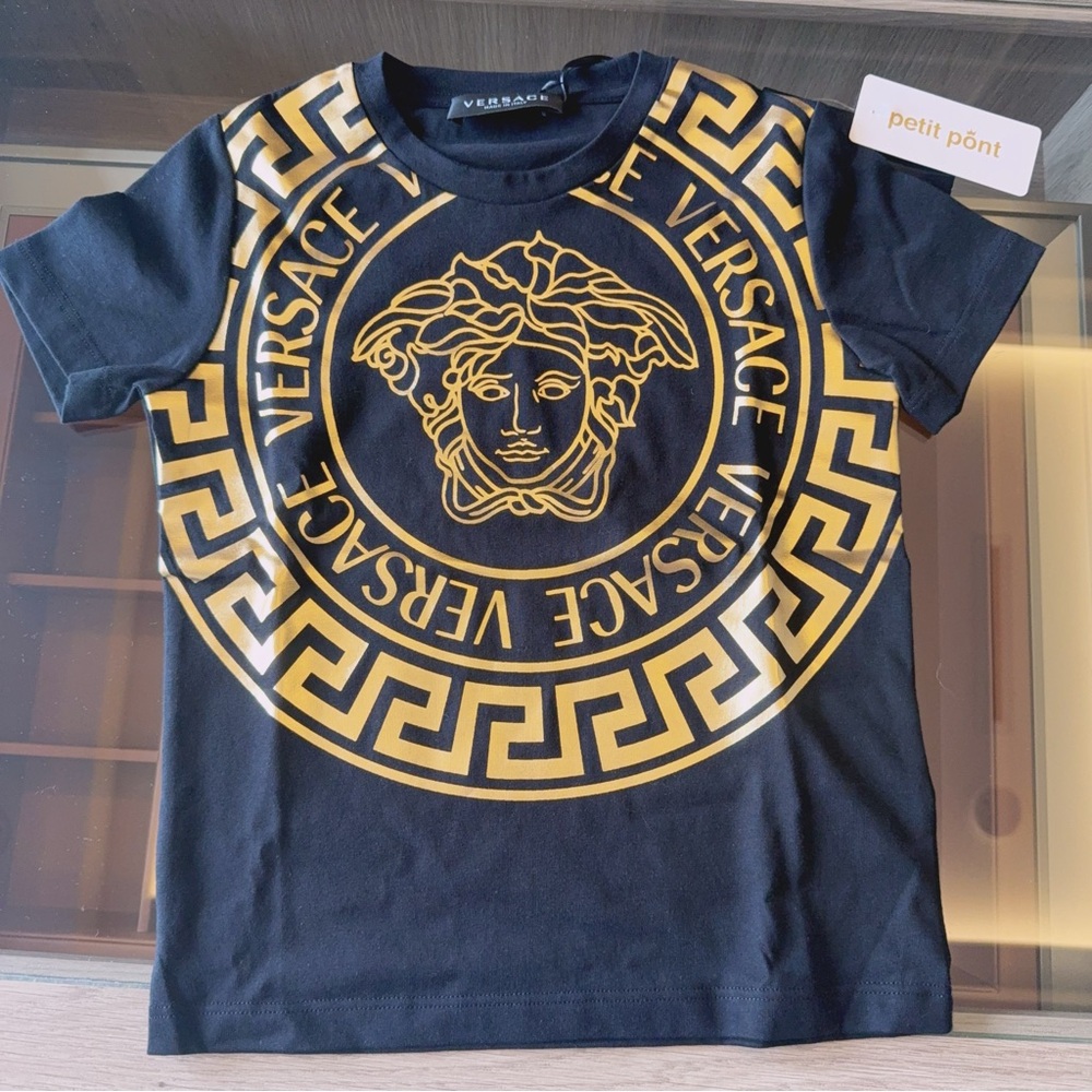 Versace Kids Tee in Black with Gold Medusa Design